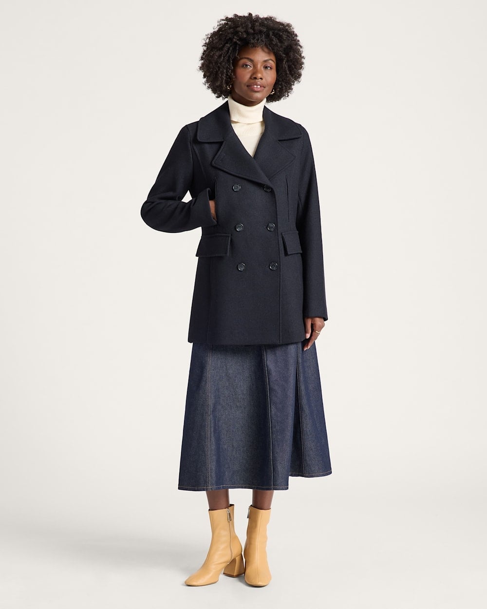 Navy Peacoat with Cream Turtleneck and Denim Skirt Navy Peacoat with Cream Turtleneck and Denim Skirt — Classy Peacoat Outfits