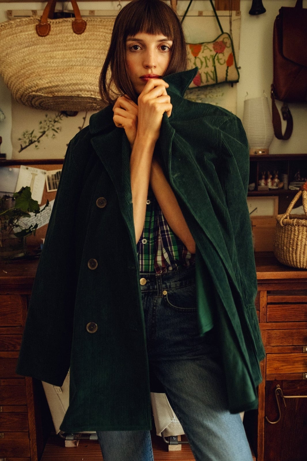 Green Corduroy Peacoat with Plaid Shirt and Sneakers Green Corduroy Peacoat with Plaid Shirt and Sneakers — Classy Peacoat Outfits