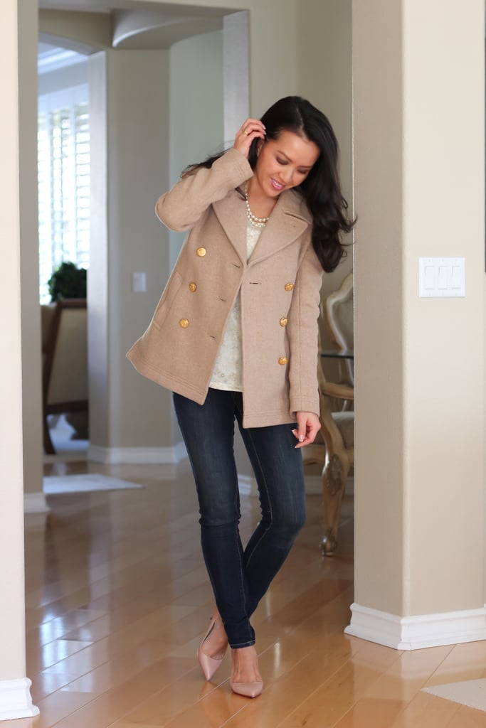 Beige Peacoat with Jeans, Heels, and Pearl Necklace Beige Peacoat with Jeans, Heels, and Pearl Necklace — Classy Peacoat Outfits