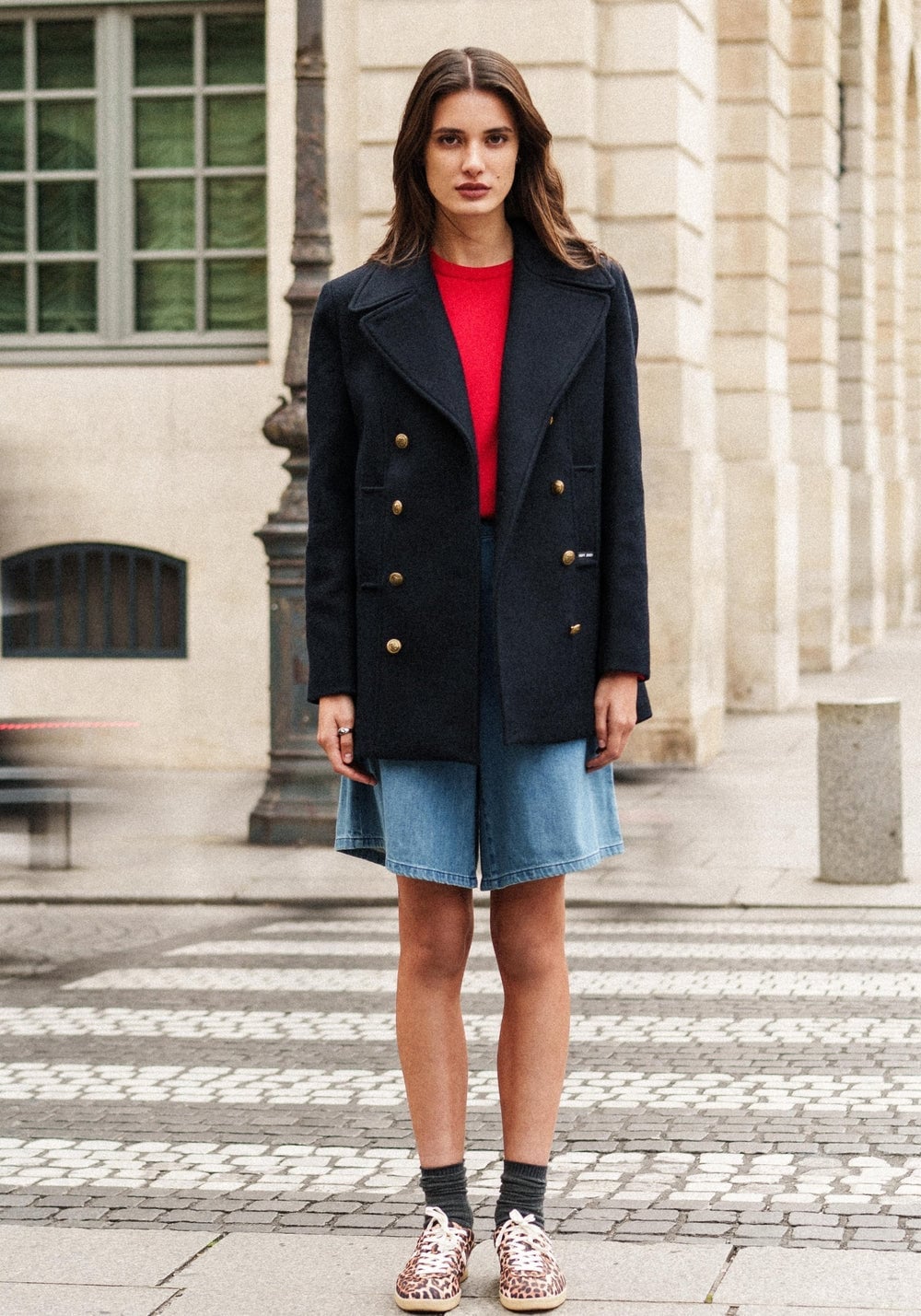Navy Peacoat with Denim Shorts and Sneakers Navy Peacoat with Denim Shorts and Sneakers — Classy Peacoat Outfits