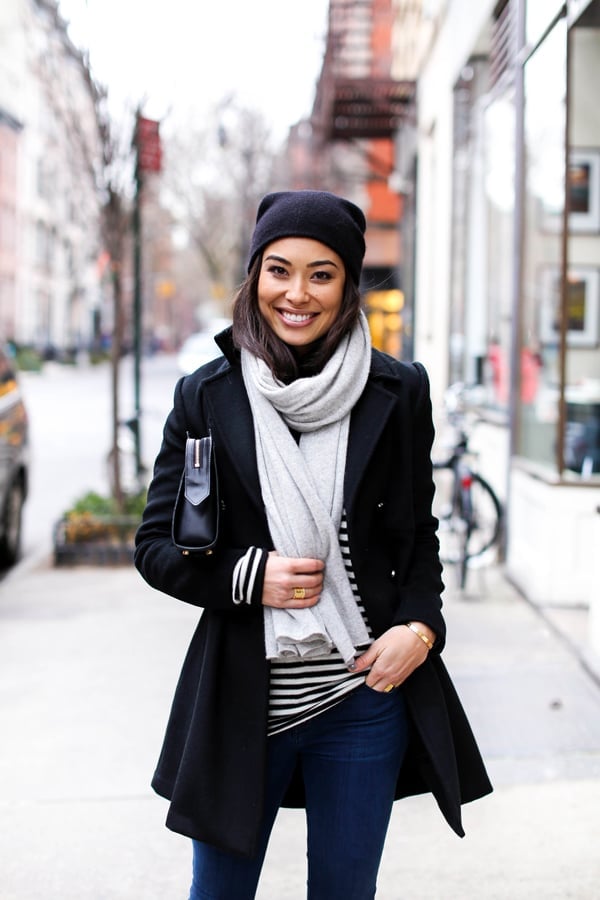Black Peacoat with Stripes and Jeans for Cold Weather Black Peacoat with Stripes and Jeans for Cold Weather — Classy Peacoat Outfits