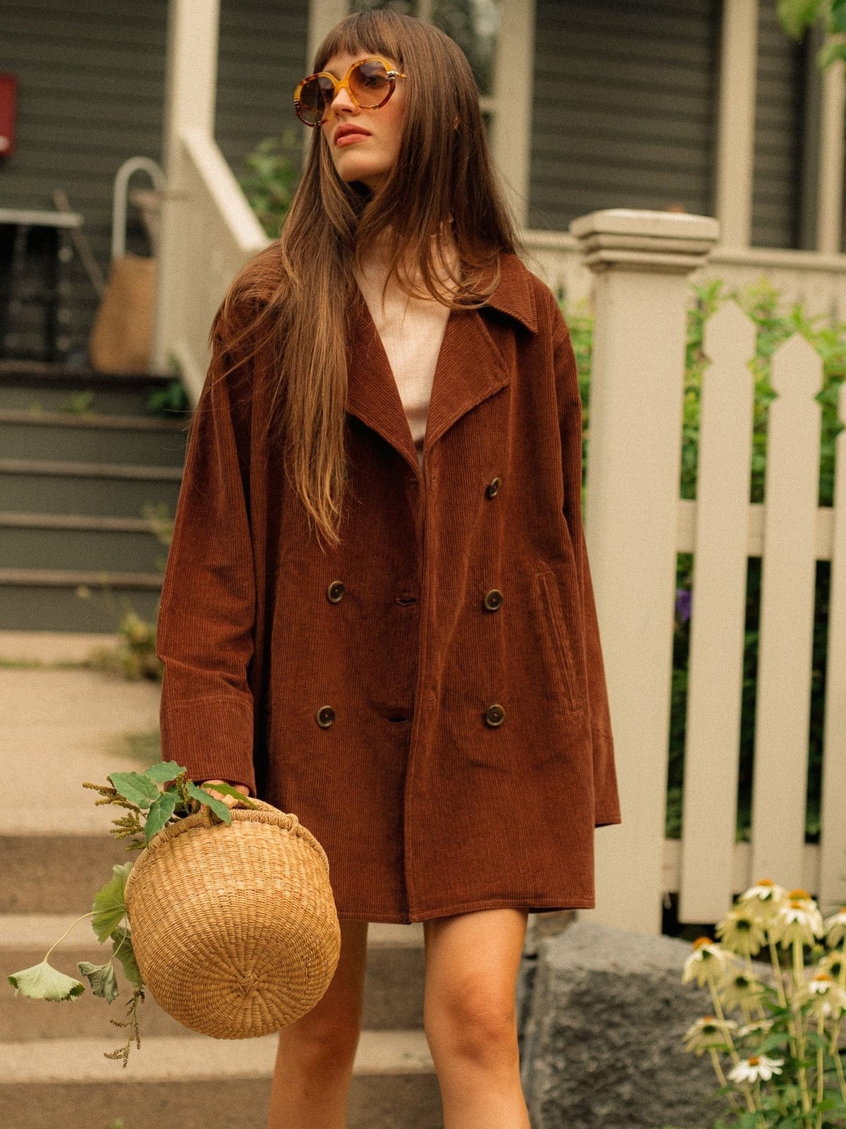 Brown Corduroy Peacoat with Pink Top and Basket Bag Brown Corduroy Peacoat with Pink Top and Basket Bag — Classy Peacoat Outfits