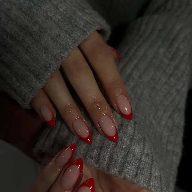 Sharp Red French Tip Glossy Medium Almond Sharp Red French Tip Glossy Medium Almond — Classy Red Almond Nails
