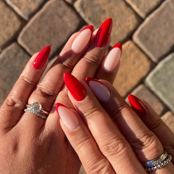 Red French Tip Glossy Both Hands Medium Almond Red French Tip Glossy Both Hands Medium Almond — Classy Red Almond Nails