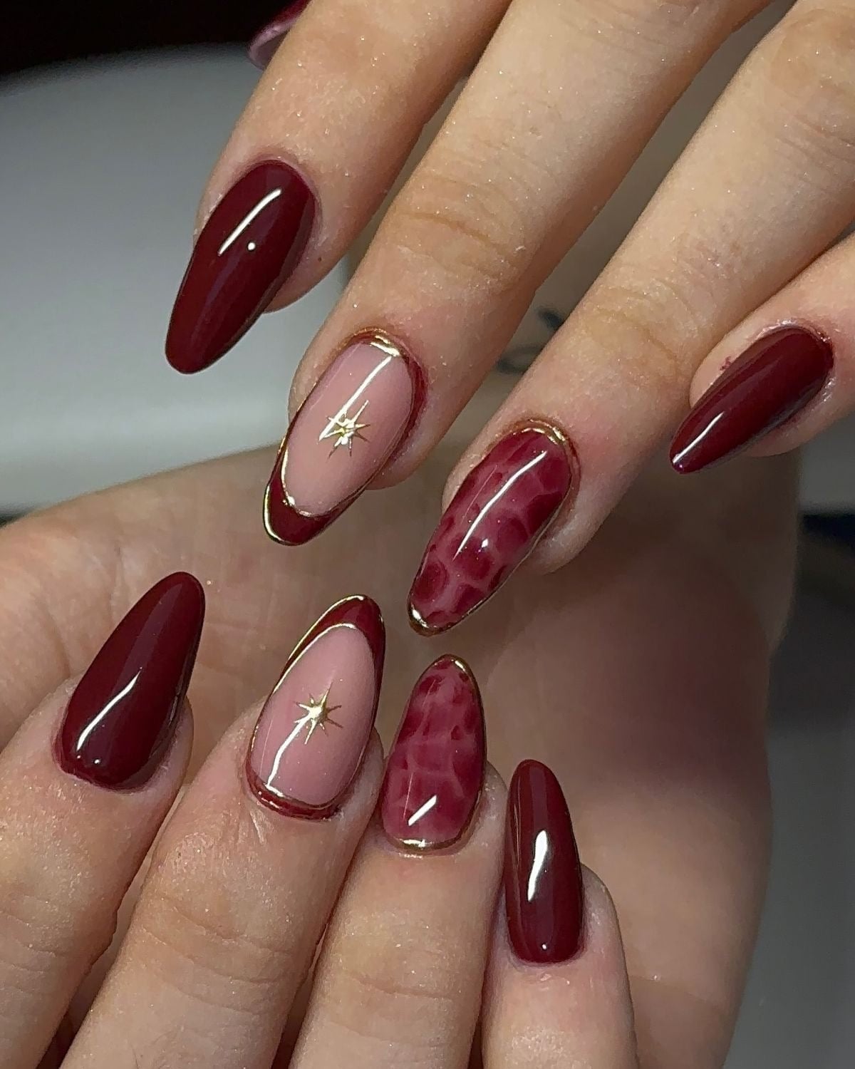 Mixed Media Red Nude Gold Almond Nails Mixed Media Red Nude Gold Almond Nails — Classy Red Almond Nails