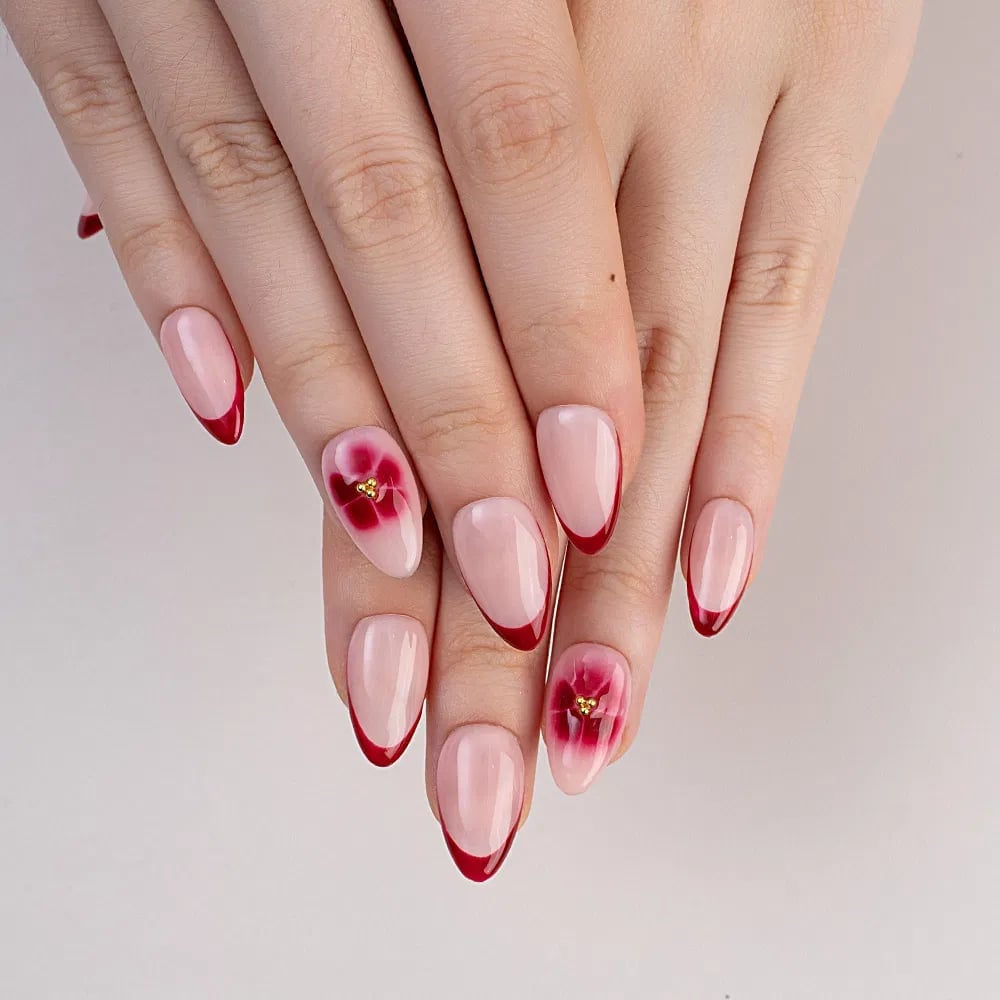Floral Art Red French Tip Medium Almond Floral Art Red French Tip Medium Almond — Classy Red Almond Nails