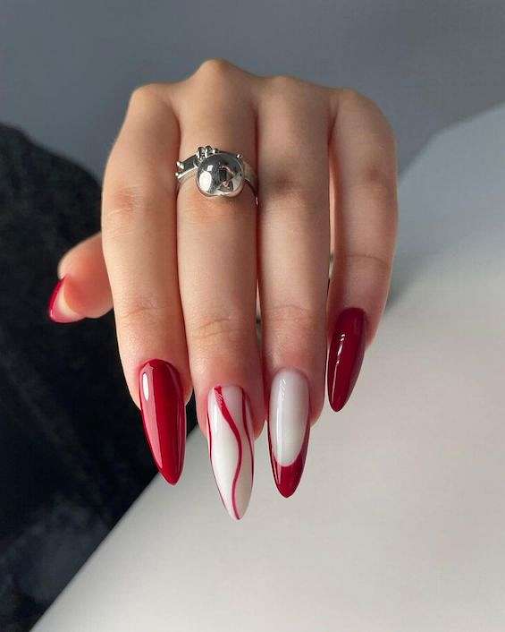 Abstract White Line Red French Long Almond Abstract White Line Red French Long Almond — Classy Red Almond Nails