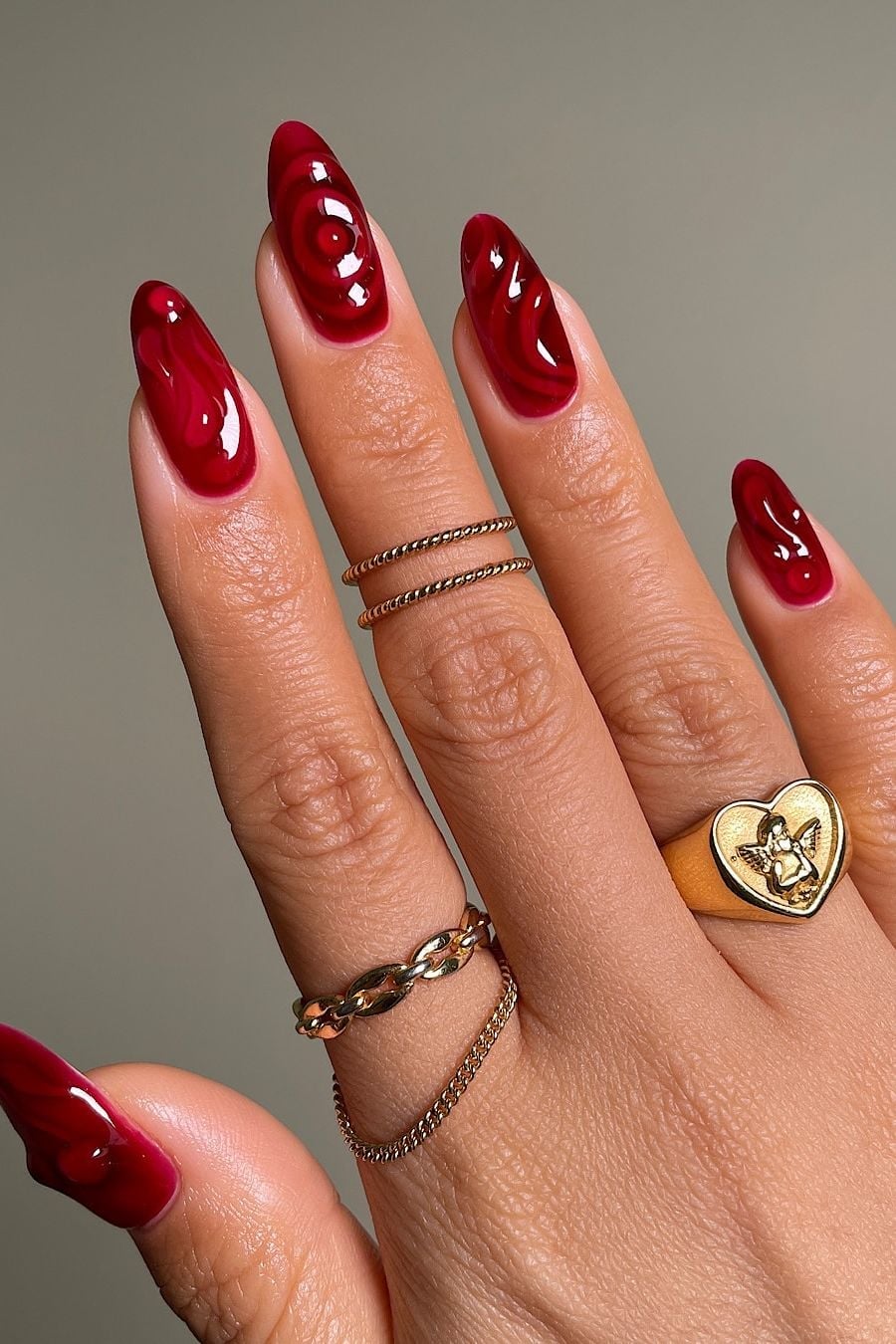 Deep Translucent Red Swirl Long Almond Deep Translucent Red Swirl Long Almond — Classy Red Almond Nails