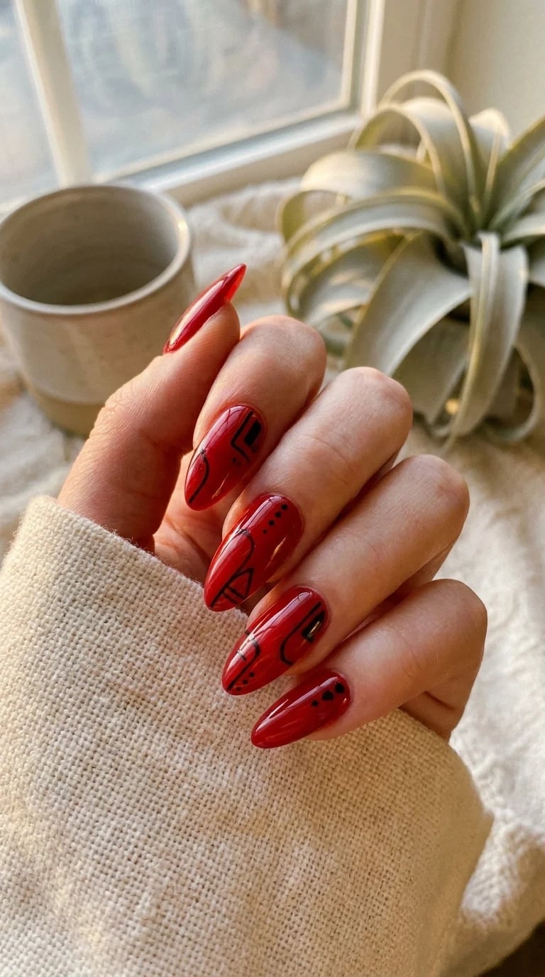 Abstract Black Art Vibrant Red Medium Almond Abstract Black Art Vibrant Red Medium Almond — Classy Red Almond Nails