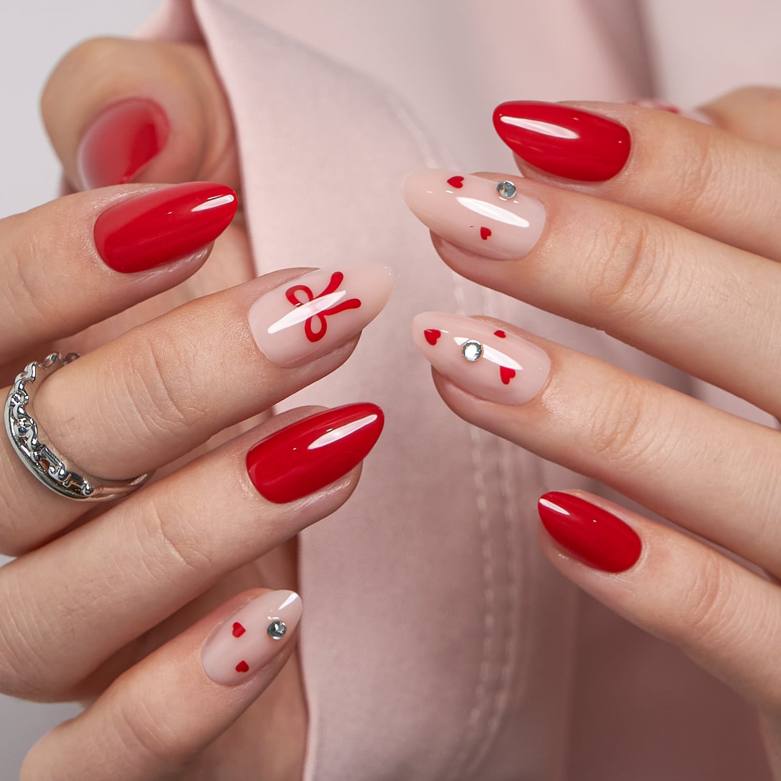 Red Heart Bow Rhinestone Short Almond Red Heart Bow Rhinestone Short Almond — Classy Red Almond Nails