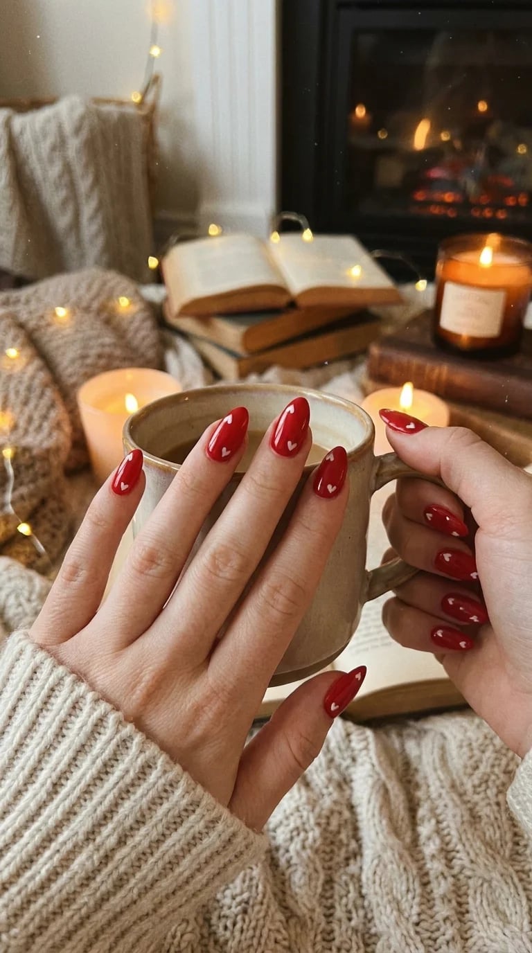 White Heart Bright Red Medium Almond White Heart Bright Red Medium Almond — Classy Red Almond Nails