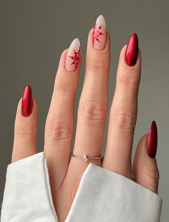 Red Snowflake Accent Deep Red Long Almond Red Snowflake Accent Deep Red Long Almond — Classy Red Almond Nails