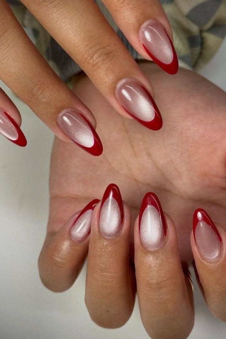 Red French Cat Eye Medium Almond Nails Red French Cat Eye Medium Almond Nails — Classy Red Almond Nails