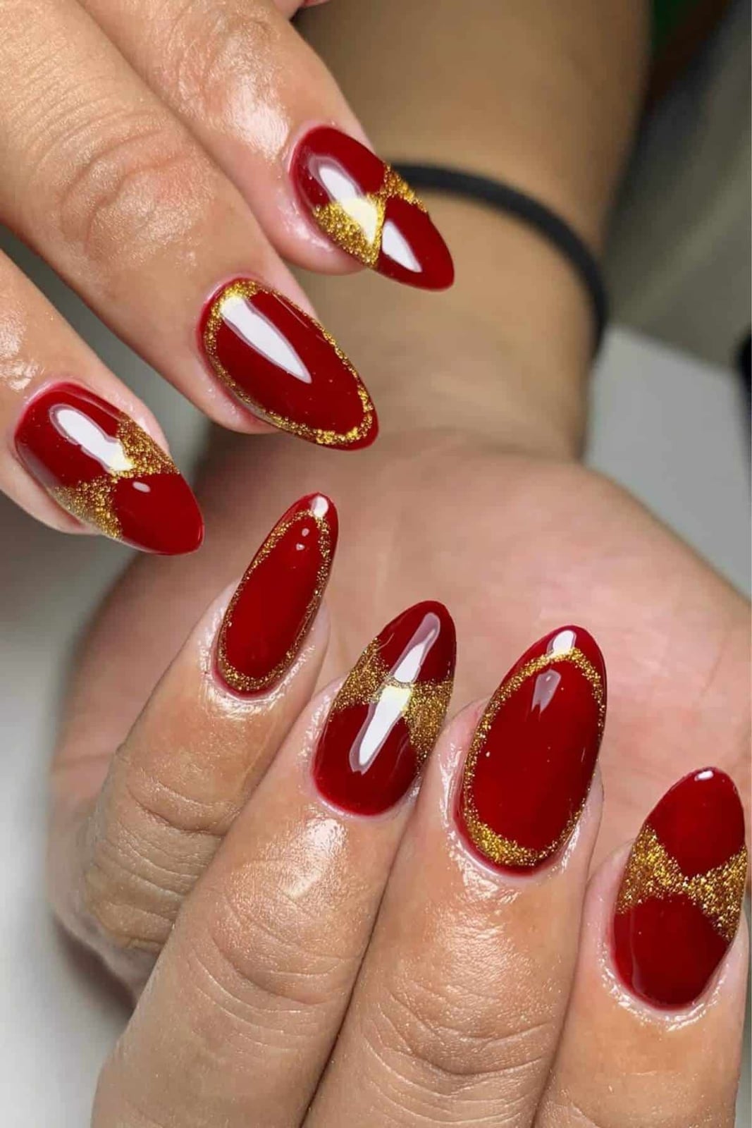 Deep Red Gold Glitter Accent Medium Almond Deep Red Gold Glitter Accent Medium Almond — Classy Red Almond Nails