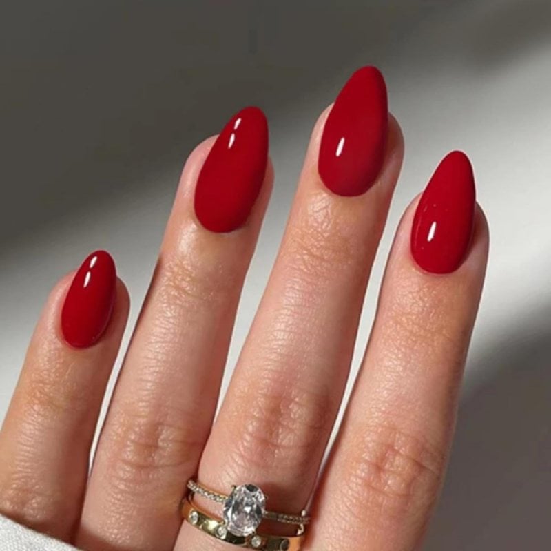 Vibrant True Red High Gloss Medium Almond Vibrant True Red High Gloss Medium Almond — Classy Red Almond Nails