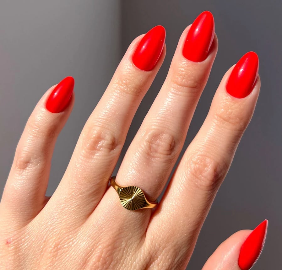 Bright Red Glossy Medium Long Almond Bright Red Glossy Medium Long Almond — Classy Red Almond Nails