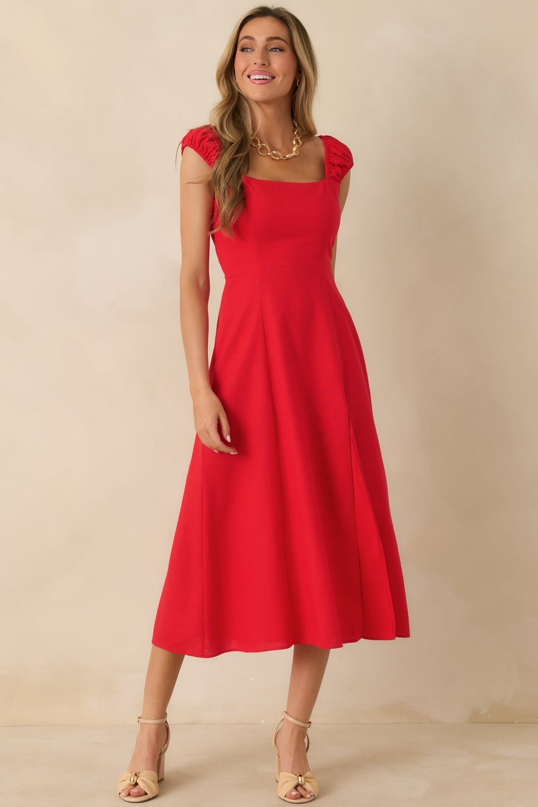 Red Crepe A-Line Midi Dress with Puff Sleeves — Classy Red Dresses Outfits