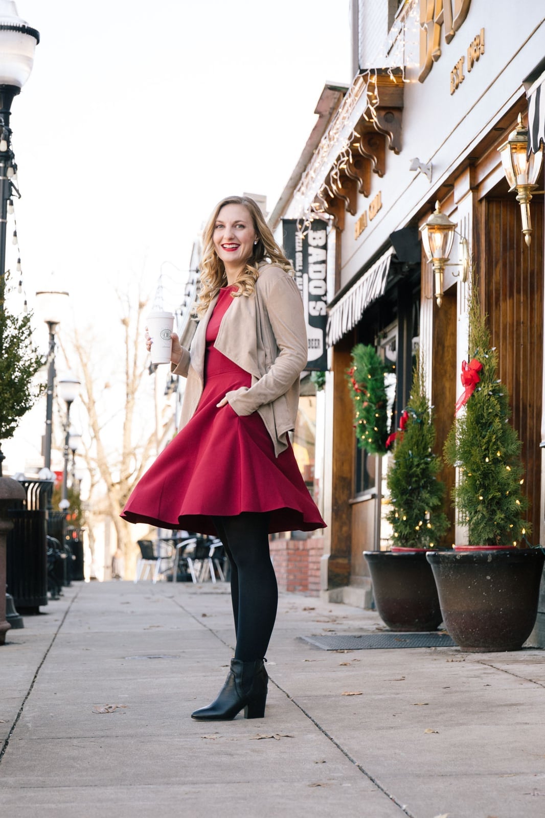 Red Skater Dress with Beige Jacket and Black Tights — Classy Red Dresses Outfits