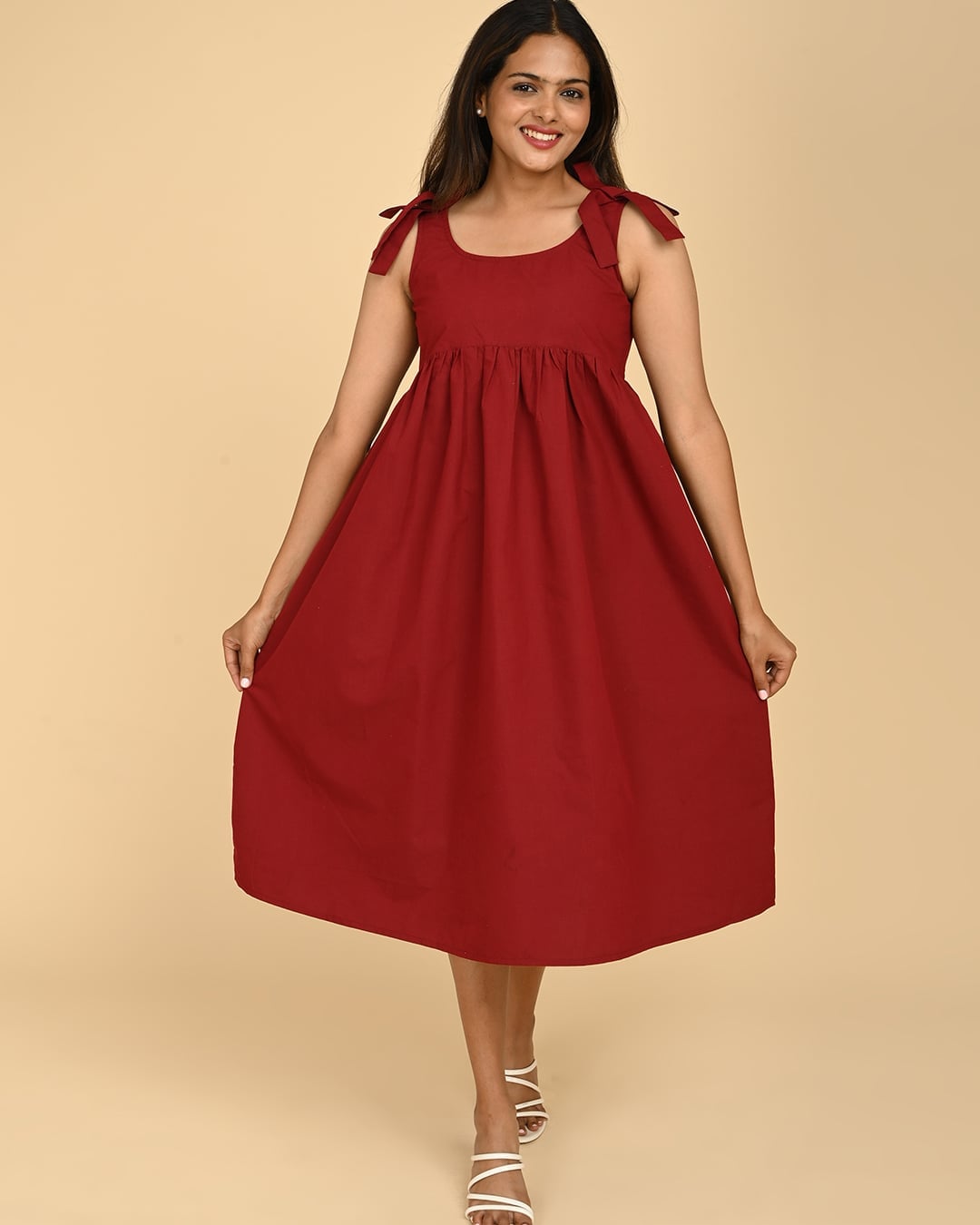 Deep Red A-Line Midi Dress with Tie Shoulder Details — Classy Red Dresses Outfits