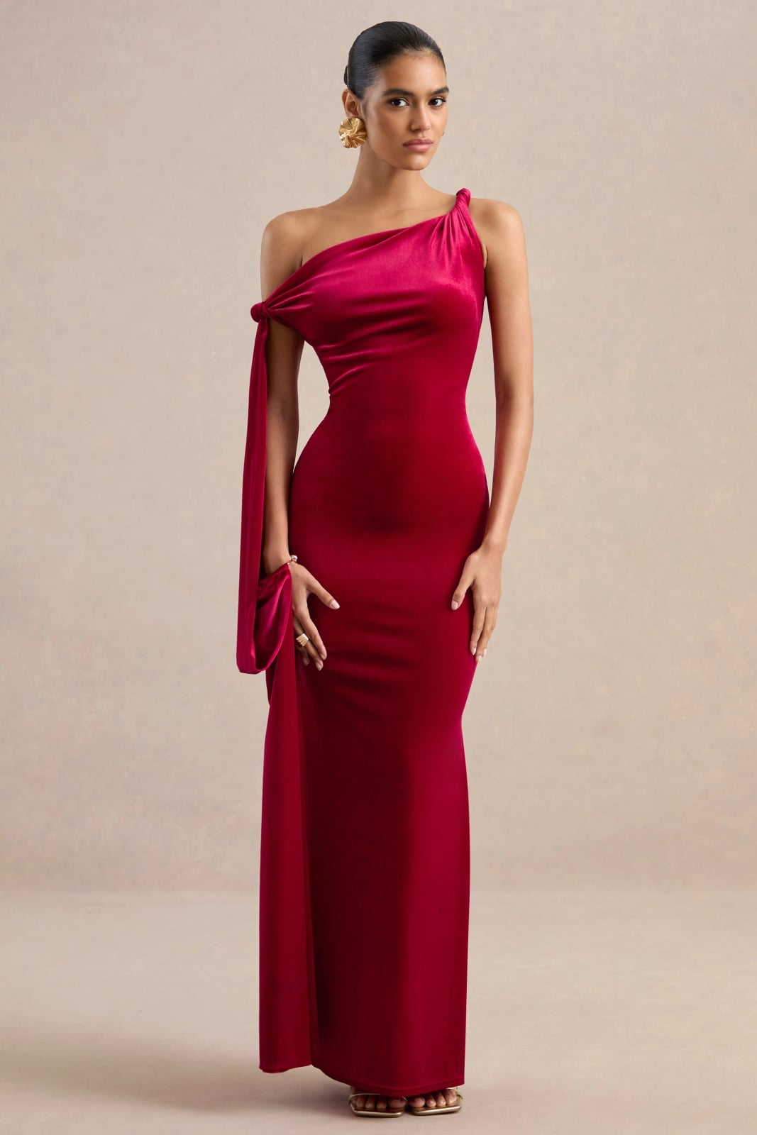 Deep Red Velvet One-Shoulder Gown — Classy Red Dresses Outfits