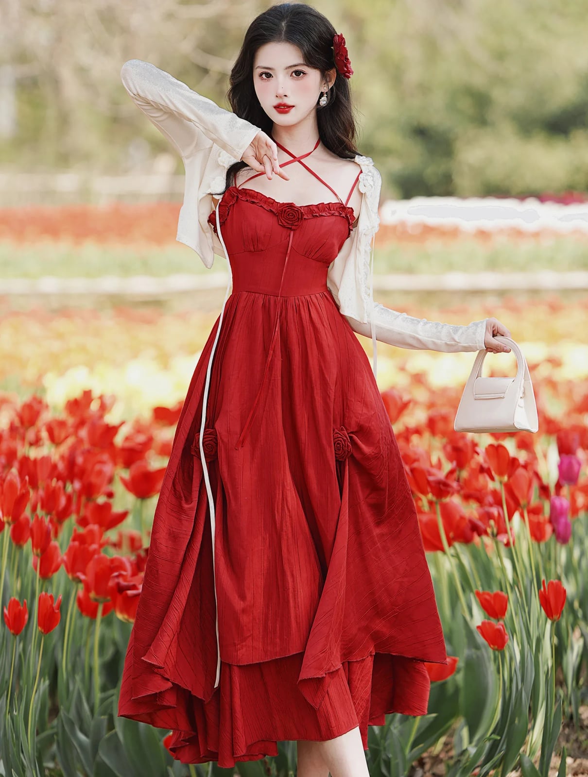 Red Flowy Midi Dress with Cream Knit Cardigan — Classy Red Dresses Outfits