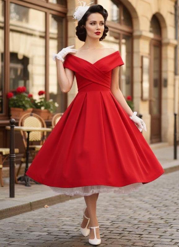 Vintage Red Off-the-Shoulder Midi Dress with Lace Trim — Classy Red Dresses Outfits