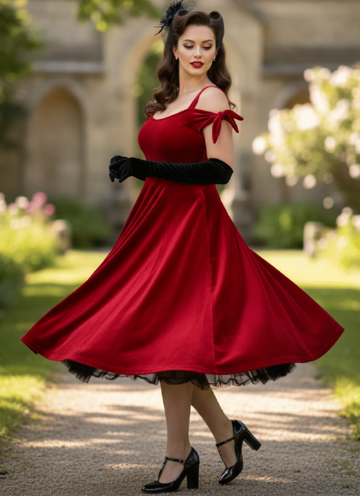 Red Velvet Midi Dress with Full Circle Skirt and Black Trim — Classy Red Dresses Outfits