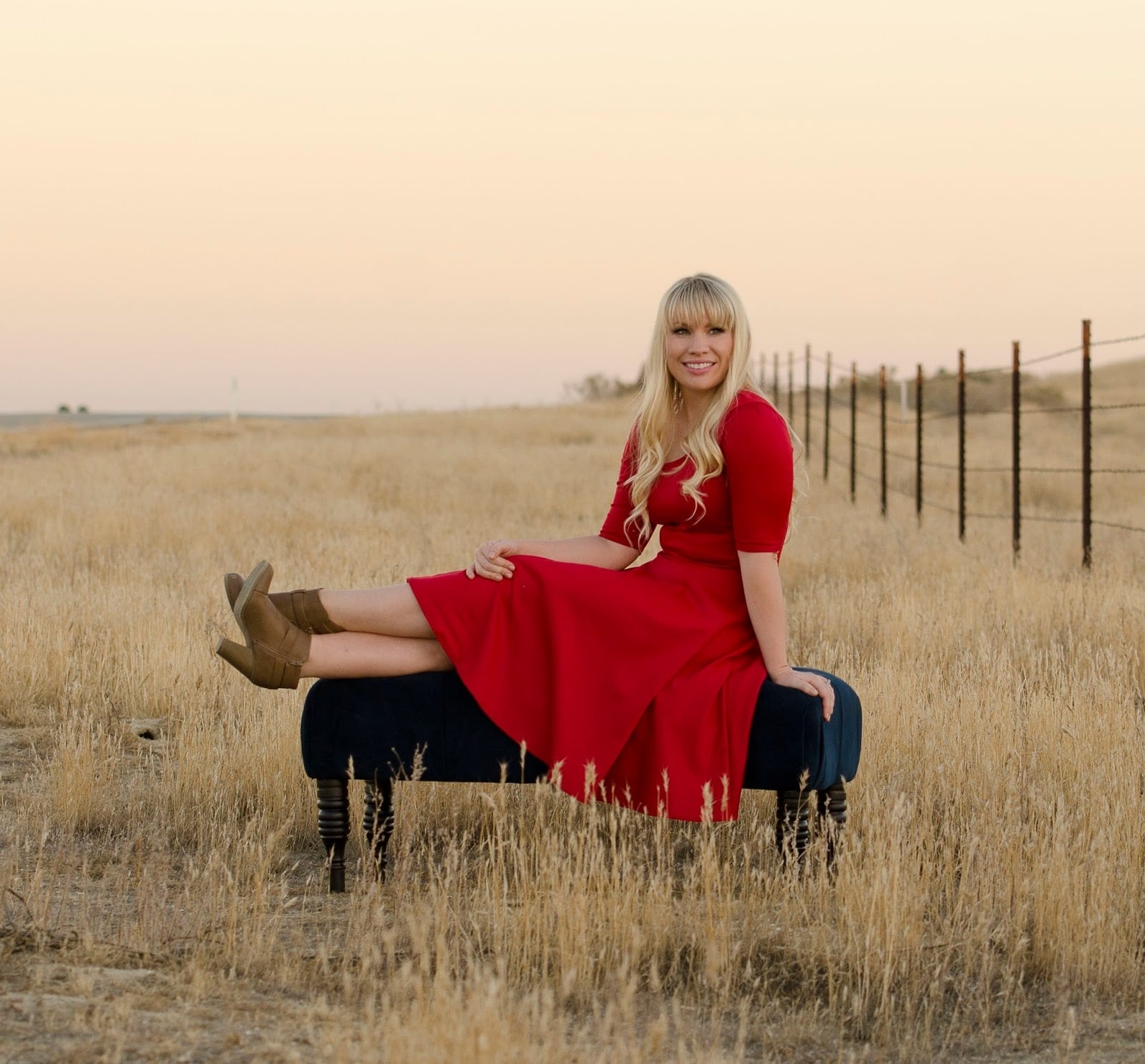 Red Fit and Flare Short-Sleeve Dress with Brown Boots, Cotton Blend — Classy Red Dresses Outfits