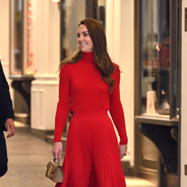 Red Knit Turtleneck Top and Pleated Midi Skirt Set — Classy Red Dresses Outfits