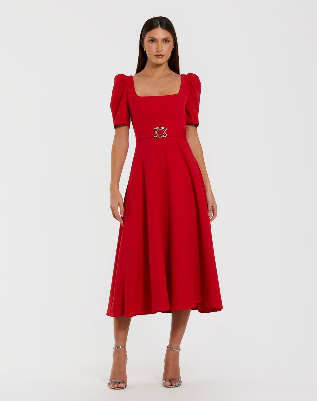 Red Midi Dress with Puff Sleeves and Square Neckline — Classy Red Dresses Outfits