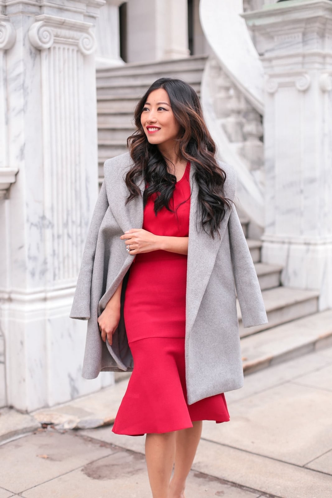 Red Fitted Midi Dress with Draped Gray Coat — Classy Red Dresses Outfits