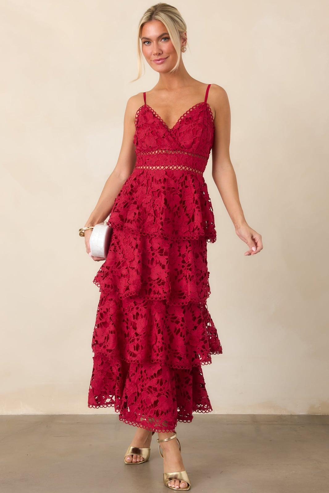Deep Red Guipure Lace Maxi Dress with Tiered Layers — Classy Red Dresses Outfits