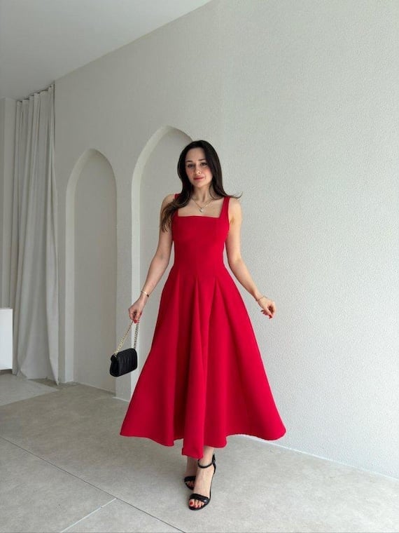 Red Fit and Flare Dress with Square Neckline and Gold Necklace — Classy Red Dresses Outfits