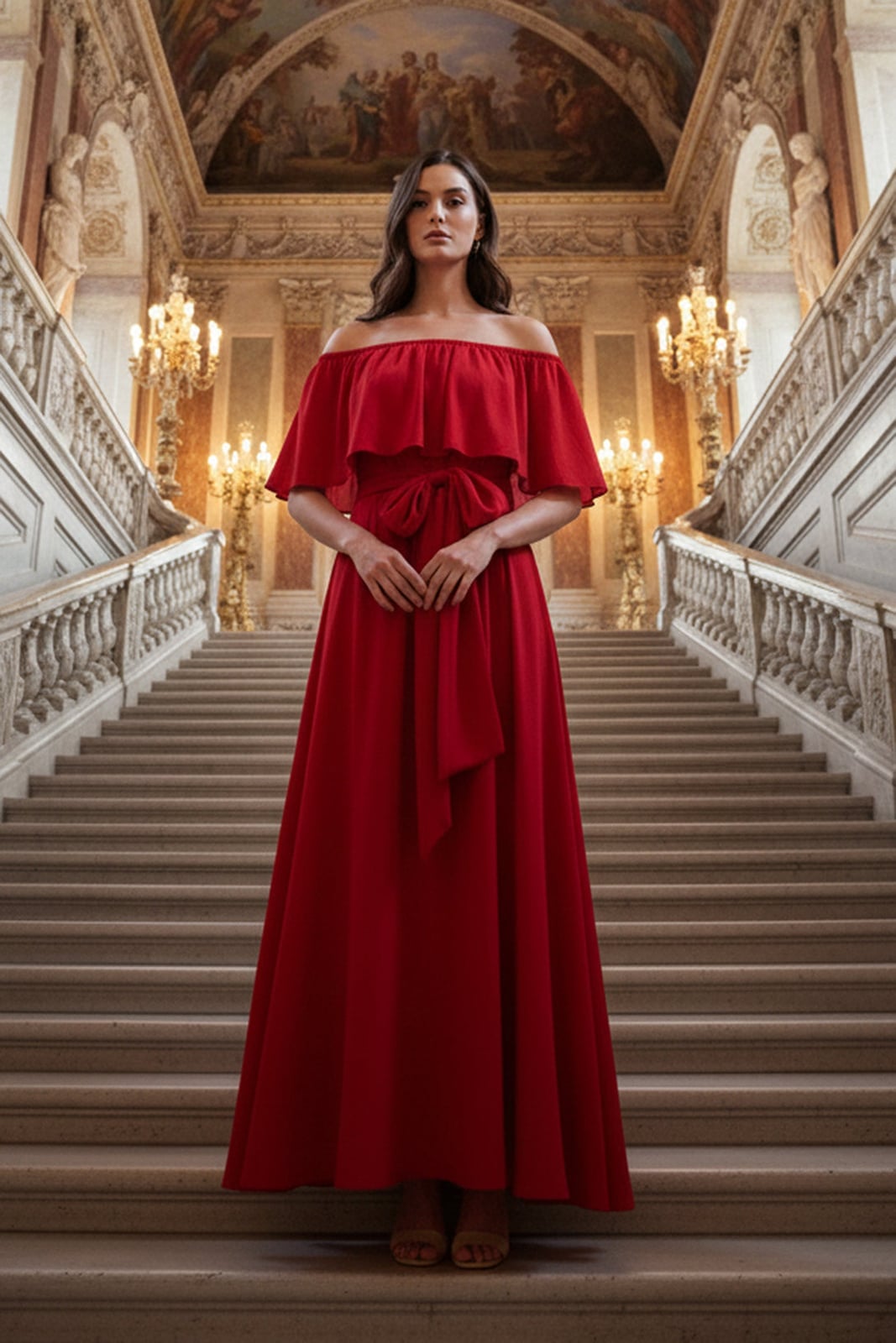 Vibrant Red Off-Shoulder Maxi Dress with Tie Waist — Classy Red Dresses Outfits