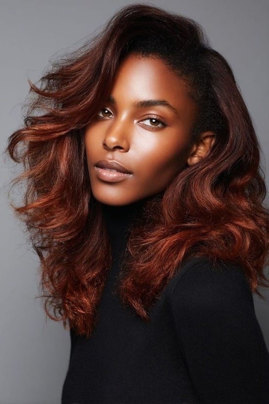 Mid-Back Layers With Red-Brown Balayage Mid-Back Layers With Red-Brown Balayage — Classy Red Hair Black Women