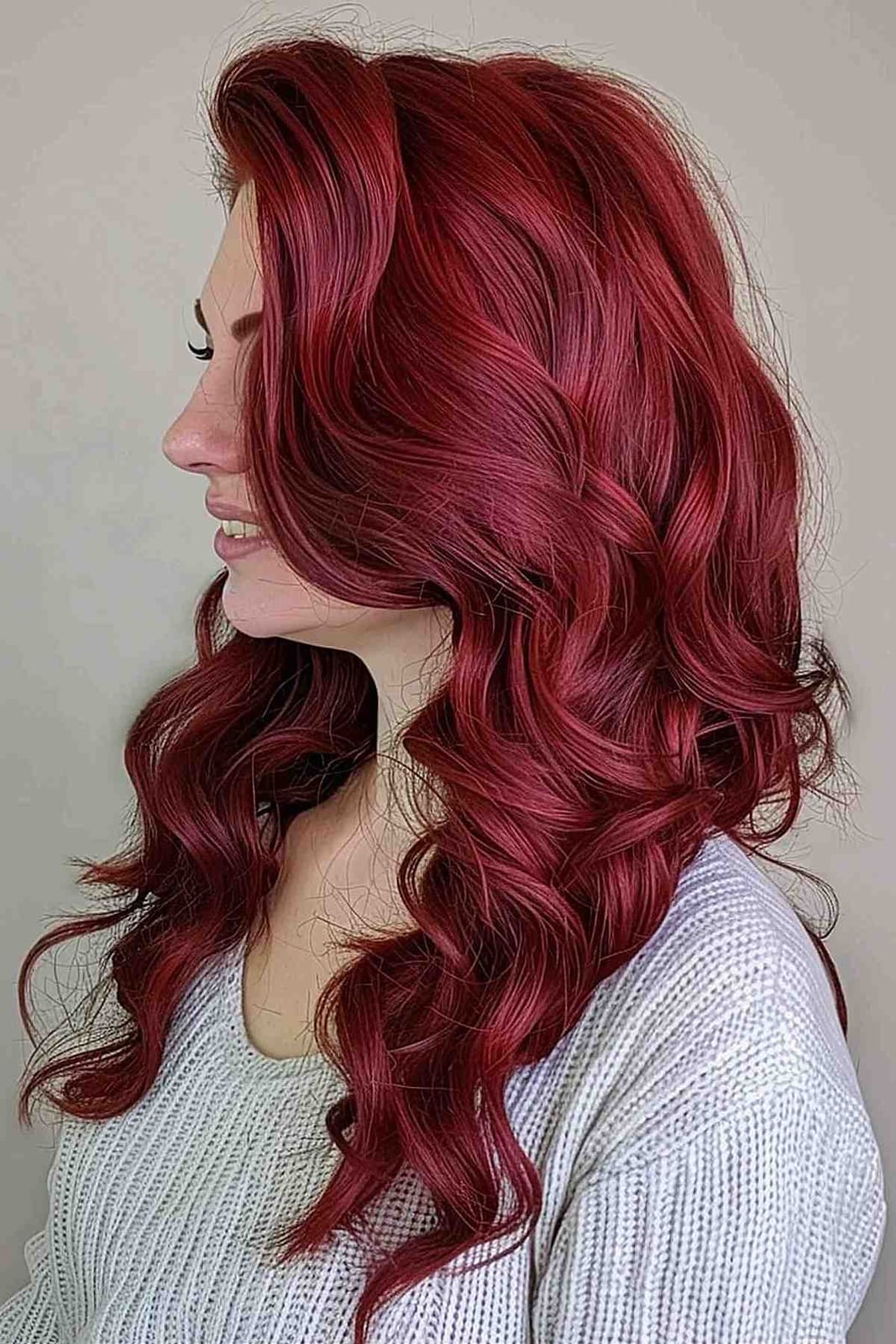 Vibrant Cherry Red Mid-Back Waves with Curtain, Office-Safe Version Vibrant Cherry Red Mid-Back Waves with Curtain, Office-Safe Version — Classy Red Hairstyles