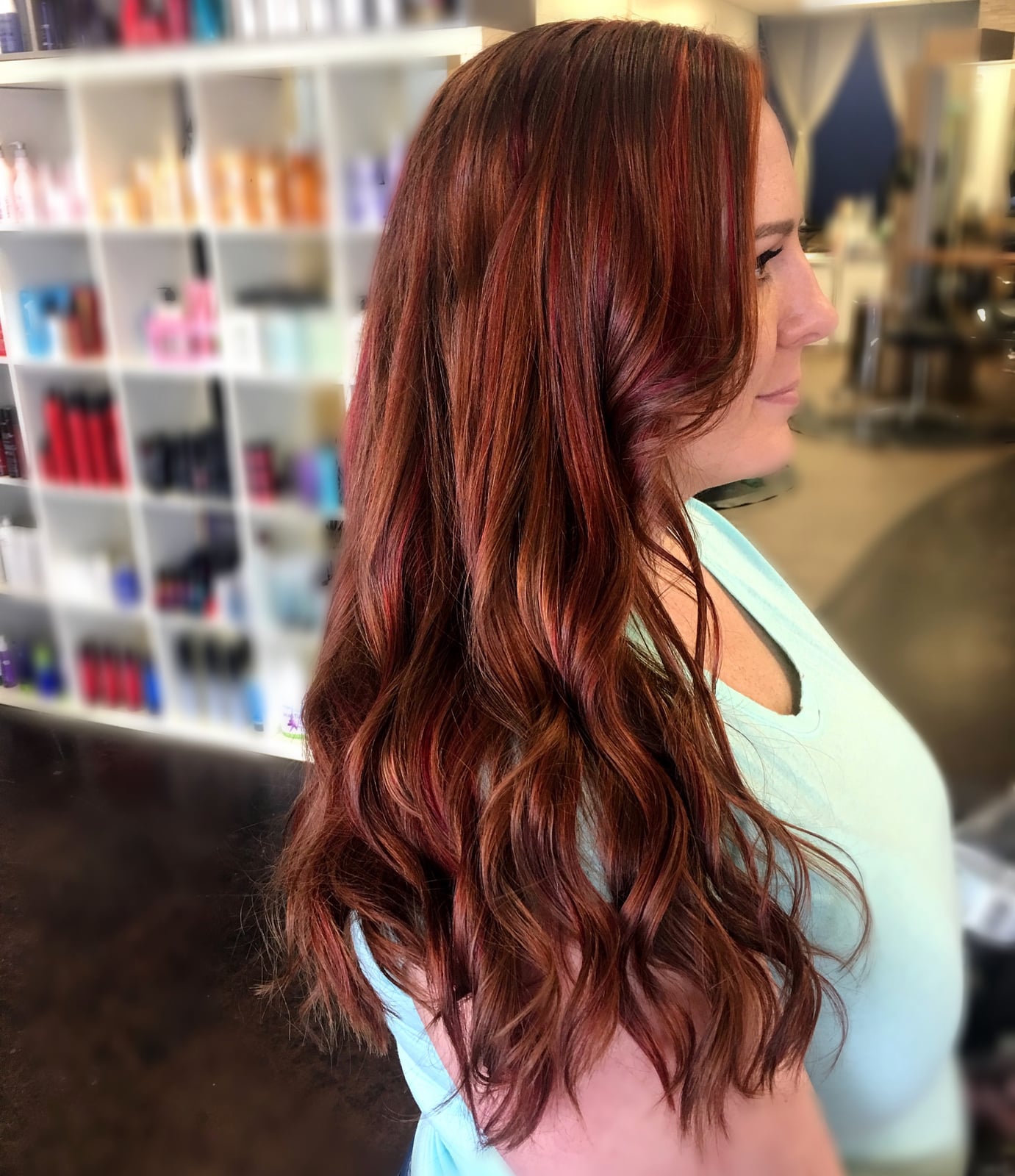 Deep Burgundy Red Mid-Back Loose Waves Deep Burgundy Red Mid-Back Loose Waves — Classy Red Hairstyles