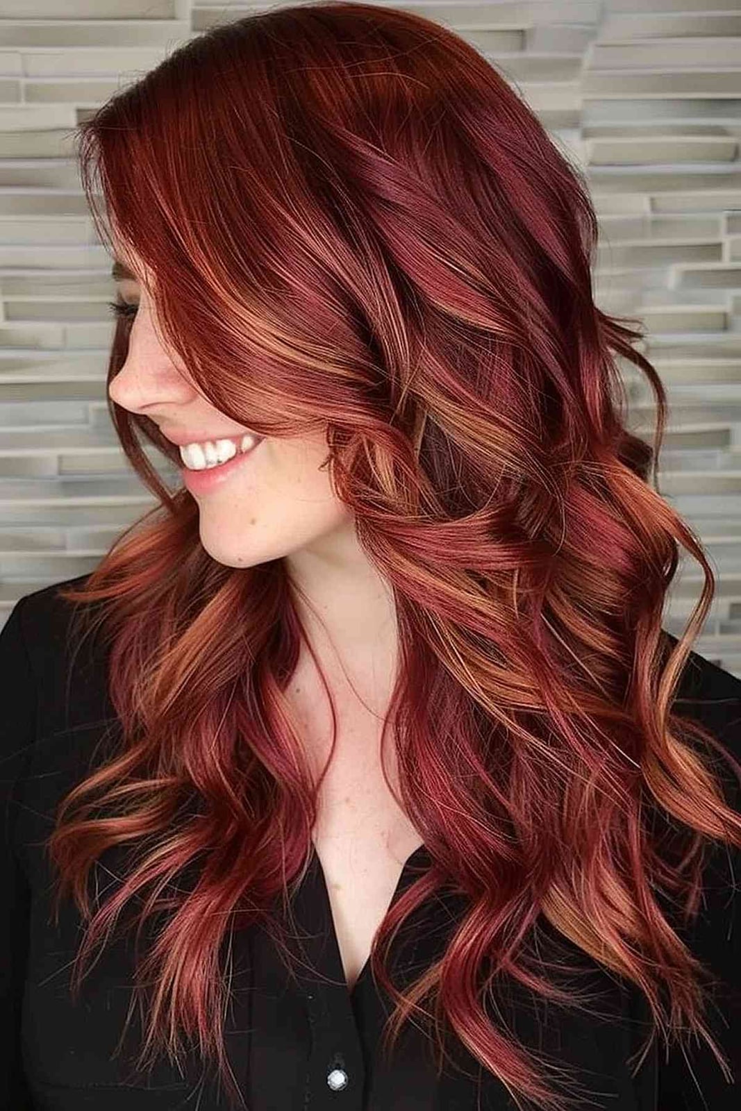 Deep Red Mid-Back with Copper and Gold Highlights Deep Red Mid-Back with Copper and Gold Highlights — Classy Red Hairstyles