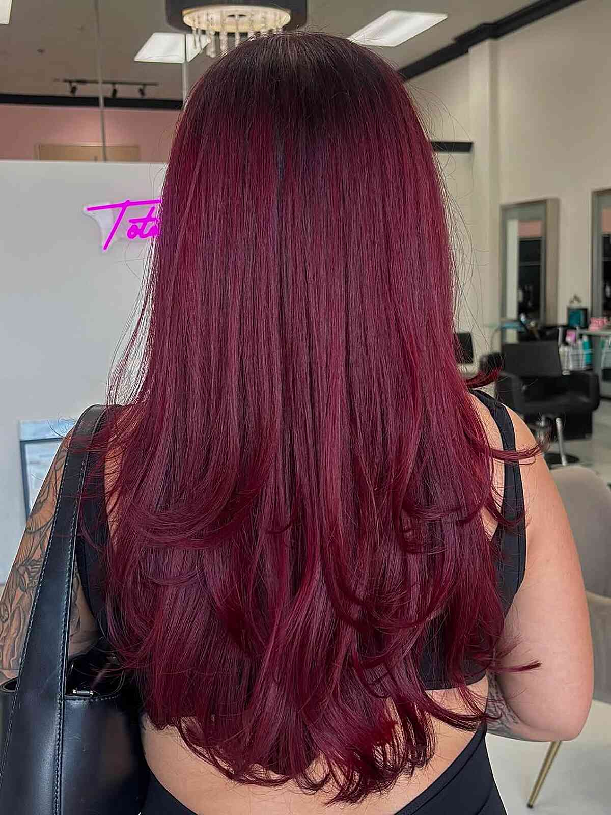 Deep Burgundy Mid-Back Layered Blowout Deep Burgundy Mid-Back Layered Blowout — Classy Red Hairstyles