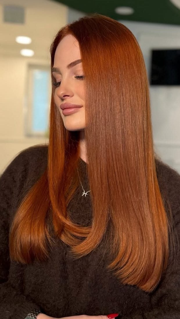 Satin Ginger-Snap Copper Long Straight Hair Satin Ginger-Snap Copper Long Straight Hair — Classy Red Hairstyles