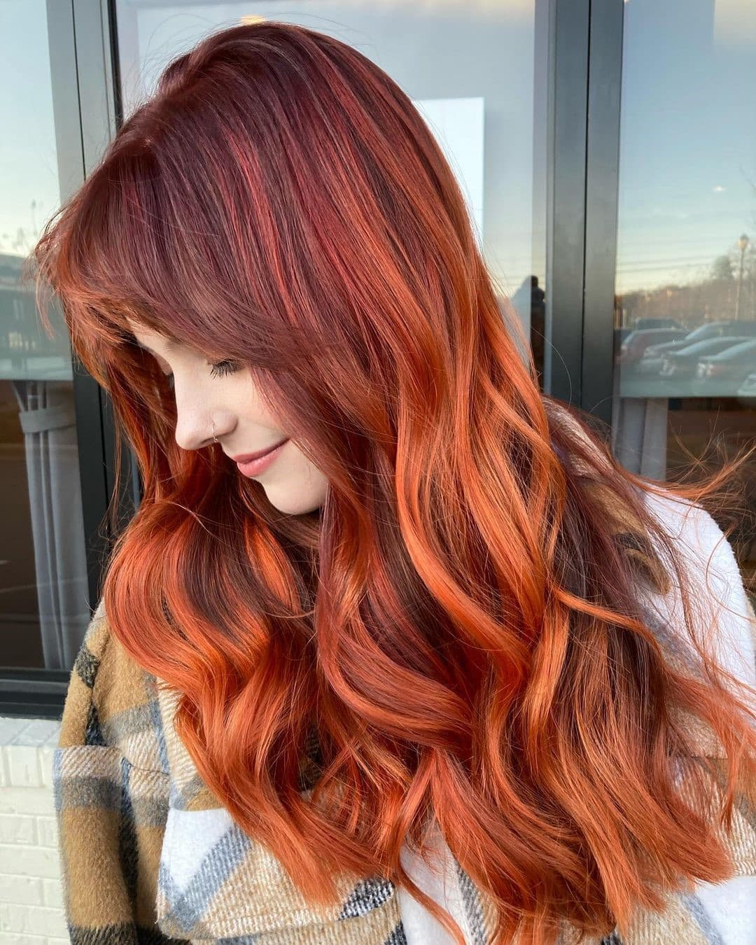Vibrant Copper Red Lob with Curtain Bangs Vibrant Copper Red Lob with Curtain Bangs — Classy Red Hairstyles