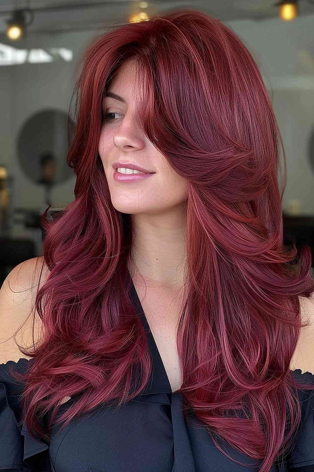 Deep Red Mid-Back Hair with Face-Framing Layers Deep Red Mid-Back Hair with Face-Framing Layers — Classy Red Hairstyles