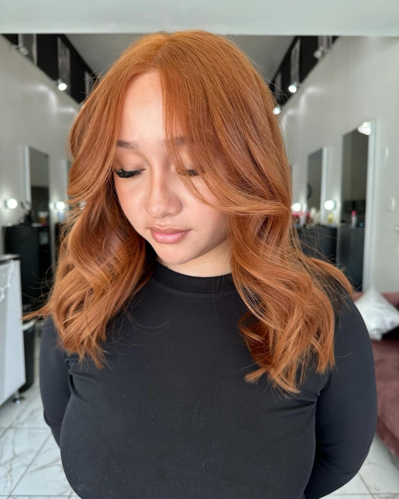 Ginger Long Bob with Soft Curtain Bangs Ginger Long Bob with Soft Curtain Bangs — Classy Red Hairstyles