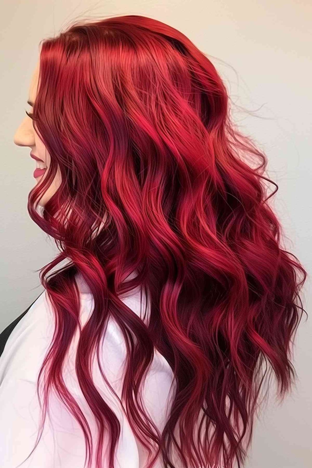 Vibrant Cherry Red Mid-Back Waves with Curtain Bangs Vibrant Cherry Red Mid-Back Waves with Curtain Bangs — Classy Red Hairstyles