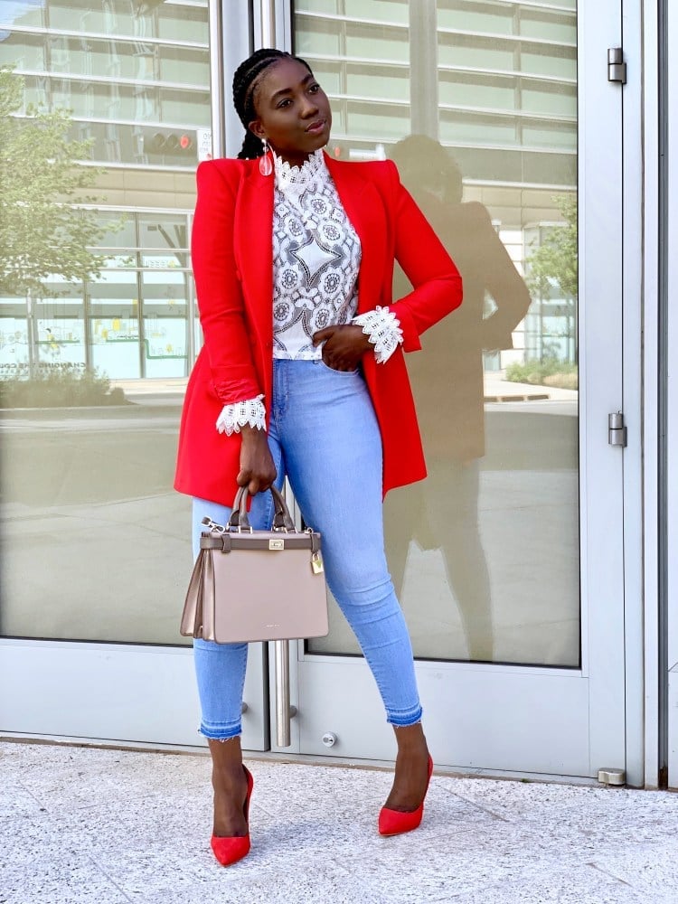 Vibrant Red Blazer Over White Lace Top, Close-Up Take Vibrant Red Blazer Over White Lace Top, Close-Up Take — Classy Red Top Outfits