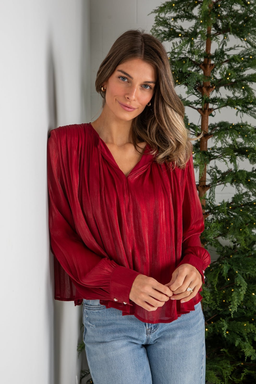 Red Blouse With Metallic Sheen, Gold Hoop Earrings Red Blouse With Metallic Sheen, Gold Hoop Earrings — Classy Red Top Outfits