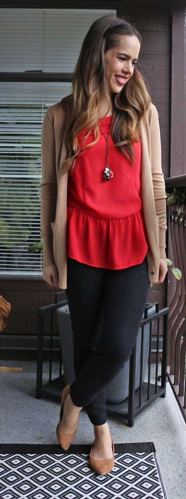 Red Peplum Top With Beige Cardigan, Fitted Pants Red Peplum Top With Beige Cardigan, Fitted Pants — Classy Red Top Outfits