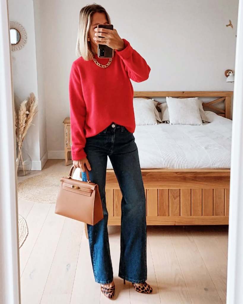 Red Knit Sweater With Wide Leg Jeans Red Knit Sweater With Wide Leg Jeans — Classy Red Top Outfits