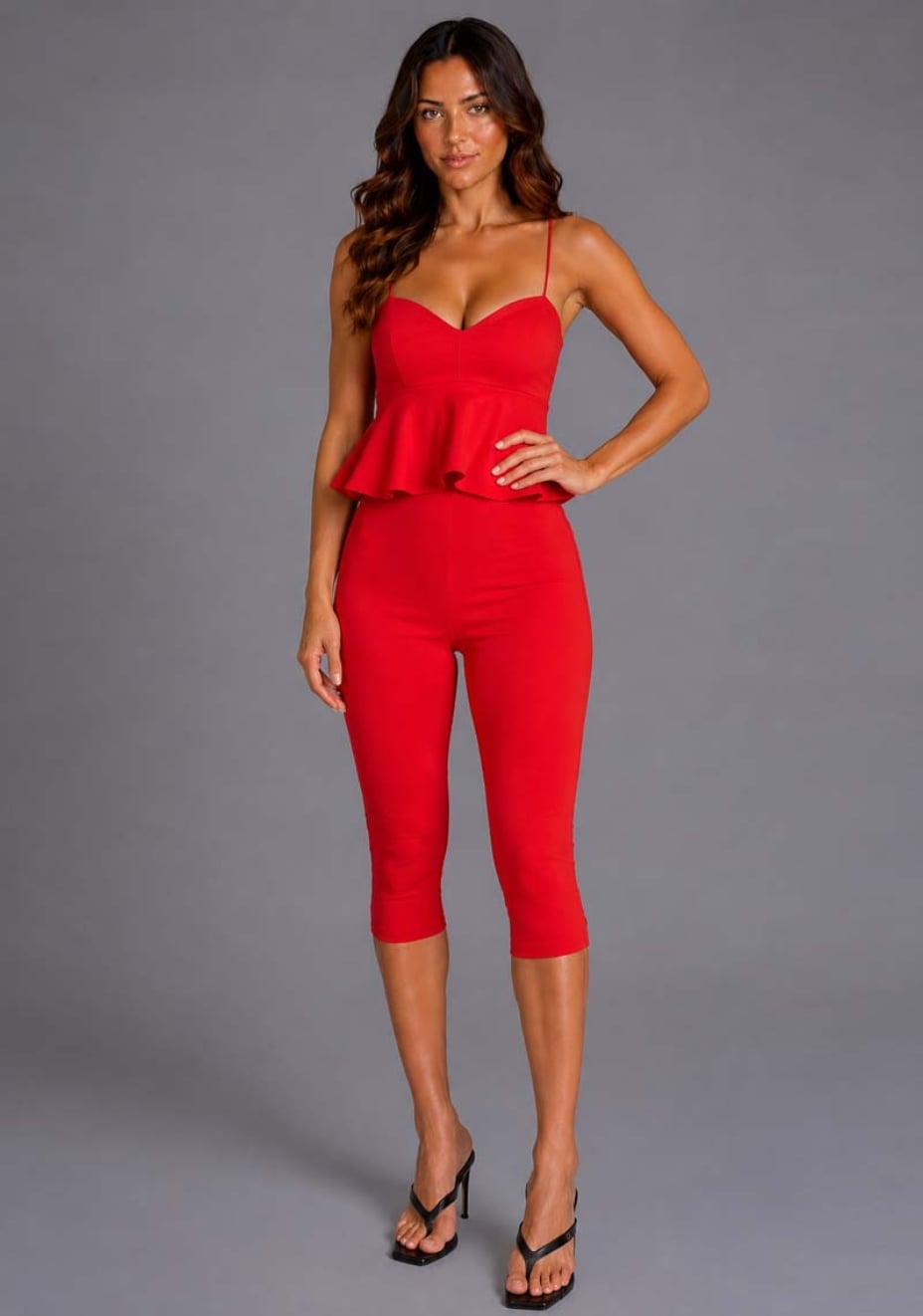 Red Peplum Camisole Top With Cropped Pants Red Peplum Camisole Top With Cropped Pants — Classy Red Top Outfits