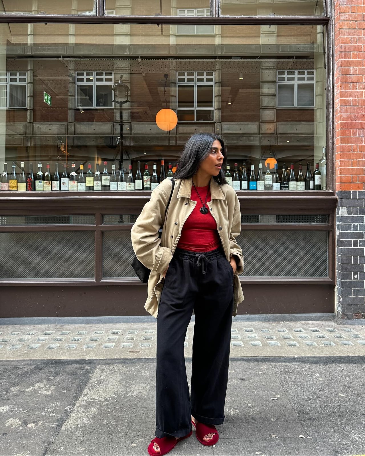 Red T-Shirt Under Beige Jacket Red T-Shirt Under Beige Jacket — Classy Red Top Outfits
